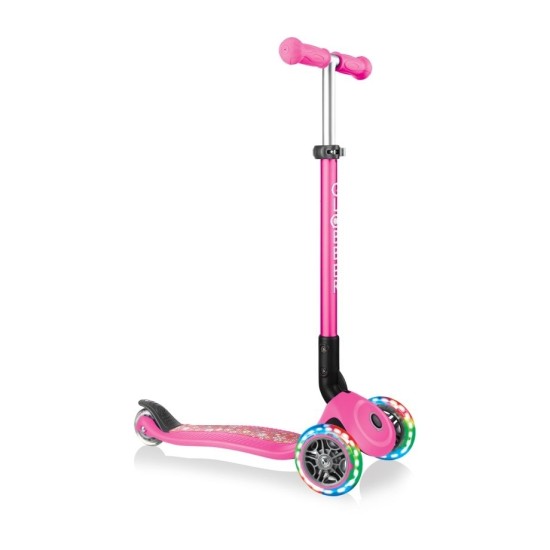 Globber Scooter Primo αναδιπλούμενο με Led τροχούς, neon ροζ λουλούδια