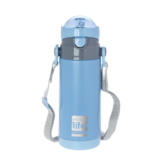 Ecolife παιδικό ανοξείδωτο μπουκάλι θερμός 400 ml με καλαμάκι και ιμάντα μεταφοράς, μπλε