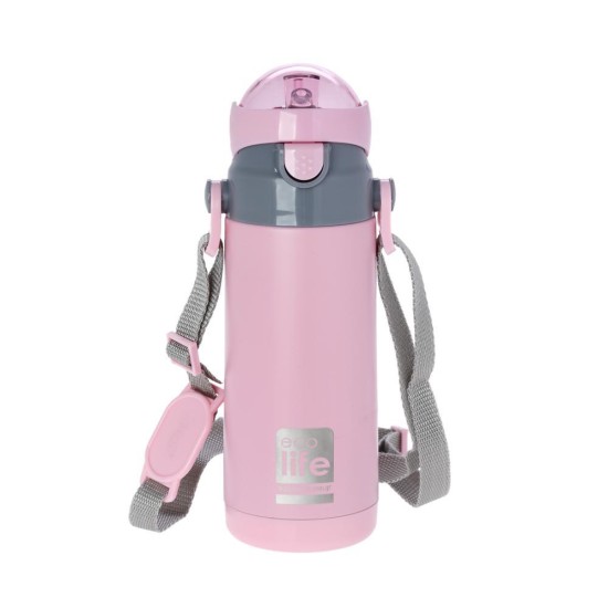 Ecolife παιδικό ανοξείδωτο μπουκάλι θερμός 400 ml με καλαμάκι και ιμάντα μεταφοράς, ροζ