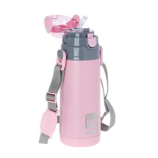 Ecolife παιδικό ανοξείδωτο μπουκάλι θερμός 400 ml με καλαμάκι και ιμάντα μεταφοράς, ροζ