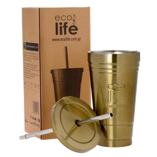 Ecolife ανοξείδωτο ποτήρι θερμός με αποσπώμενο ανοξείδωτο καλαμάκι, 480ml, χρυσαφί