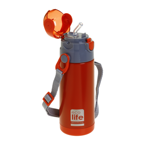 Ecolife παιδικό ανοξείδωτο μπουκάλι θερμός 400 ml με καλαμάκι και ιμάντα μεταφοράς, κόκκινο