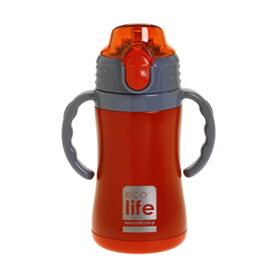 Ecolife παιδικό ανοξείδωτο μπουκάλι θερμός 300ml, με καλαμάκι, κόκκινο